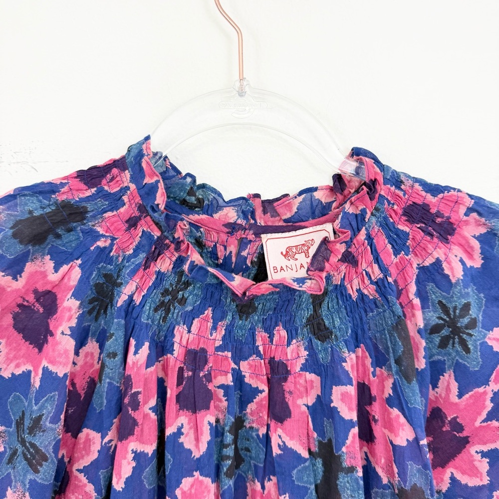 Banjanan Dahlia Smocked Floral Blouse Blue Pink Boho Cotton Top Size S - Picture 3 of 6